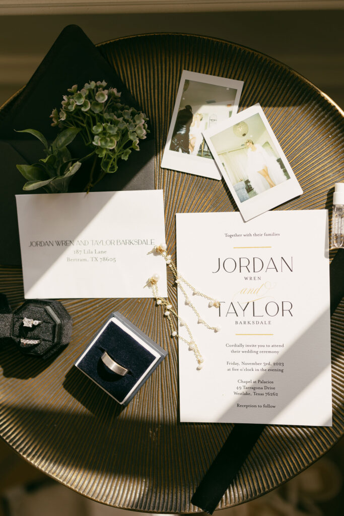 Wedding invitation flat lay with wedding details