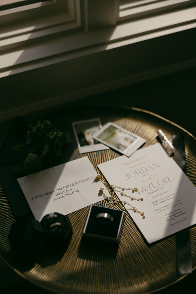 Wedding invitation flat lay with wedding details