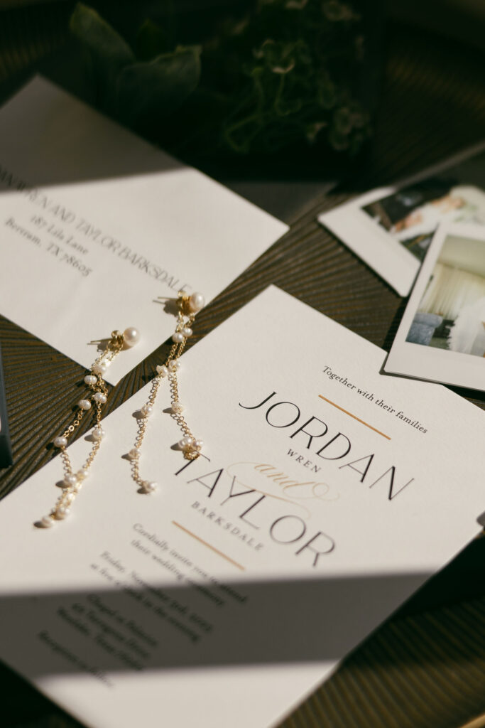 Wedding invitation flat lay with wedding details