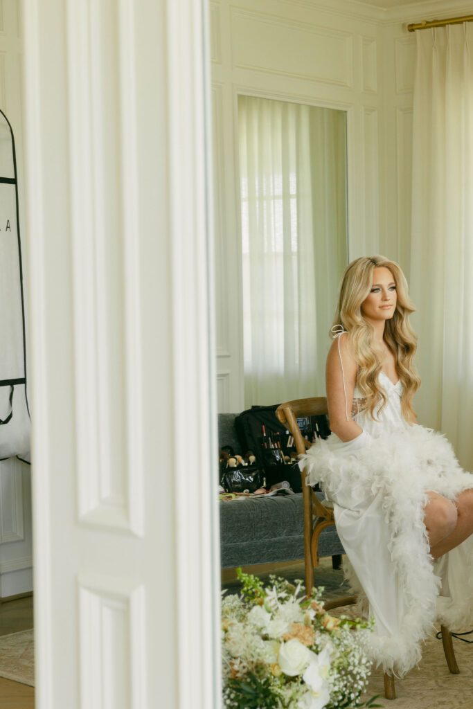 Bride getting ready for her wedding at The Chapel at Palacios in Westlake Texas