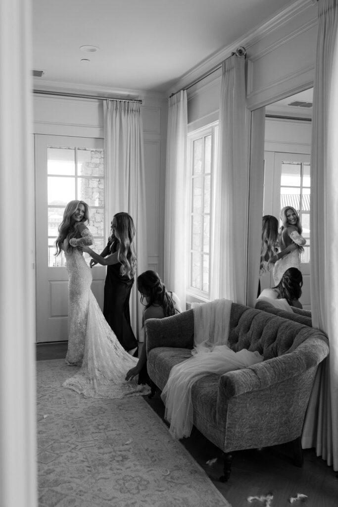 Bride getting ready for her wedding at The Chapel at Palacios in Westlake Texas