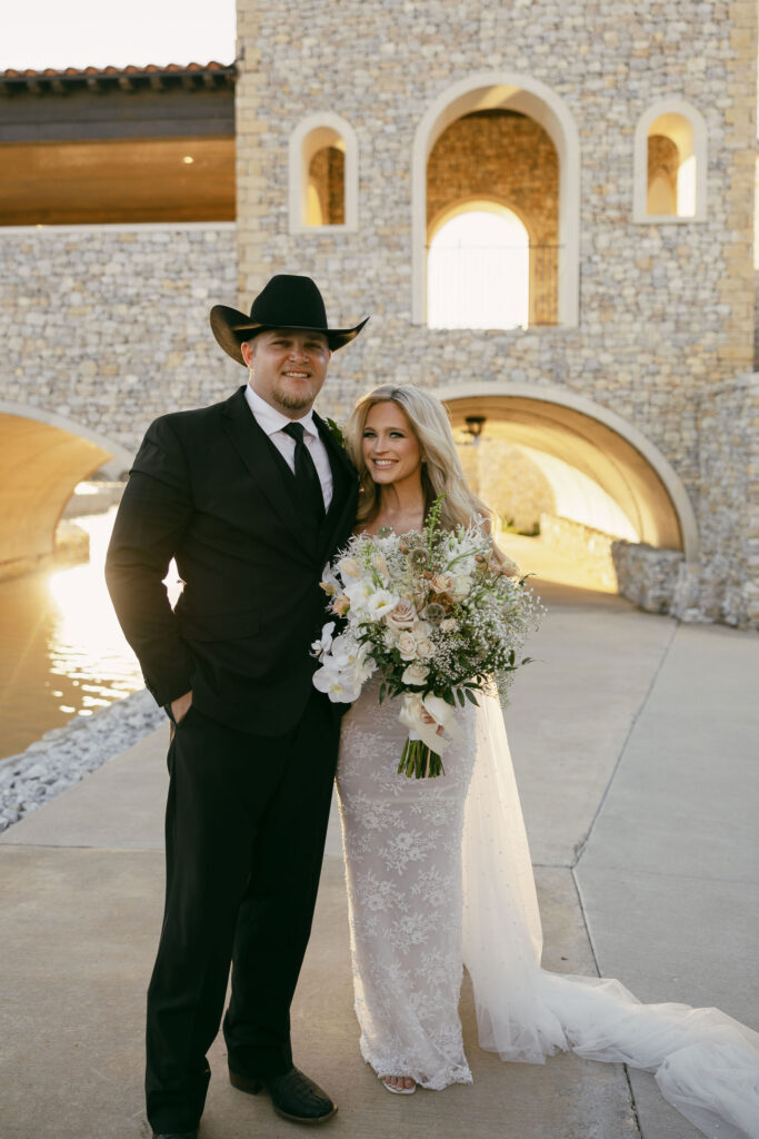 bride and groom golden hour portraits at The Chapel at Palacios