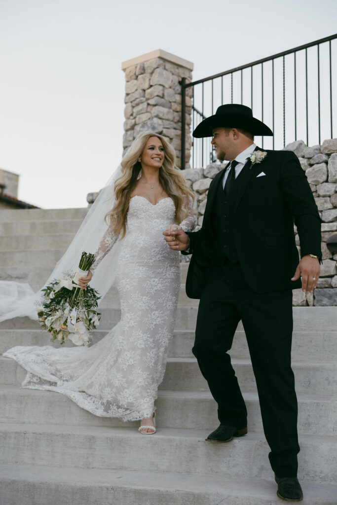 bride and groom golden hour portraits at The Chapel at Palacios