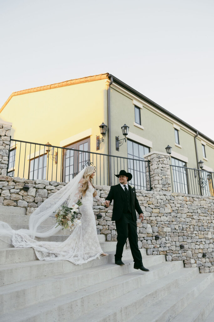 bride and groom golden hour portraits at The Chapel at Palacios