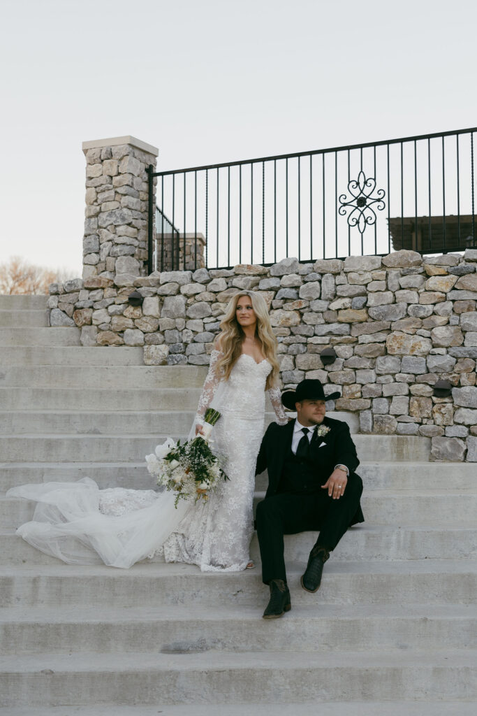 bride and groom golden hour portraits at The Chapel at Palacios