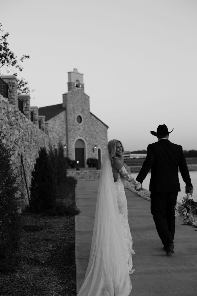 bride and groom golden hour portraits at The Chapel at Palacios