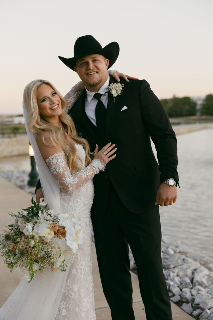 bride and groom golden hour portraits at The Chapel at Palacios