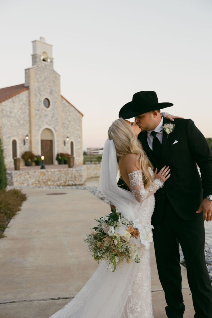 bride and groom golden hour portraits at The Chapel at Palacios