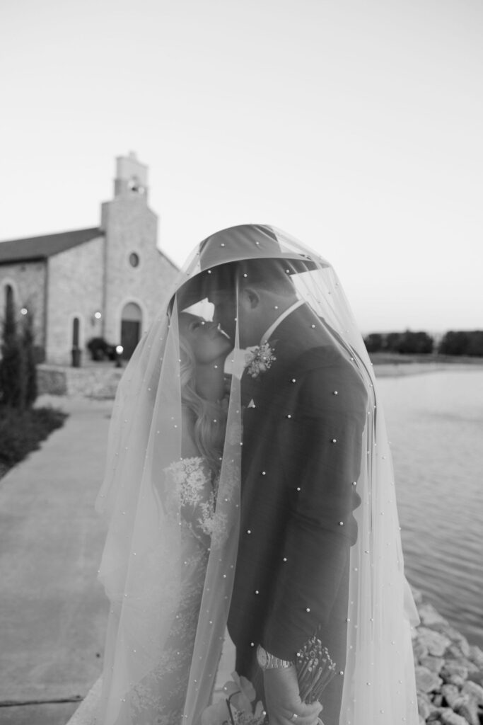 bride and groom golden hour portraits at The Chapel at Palacios