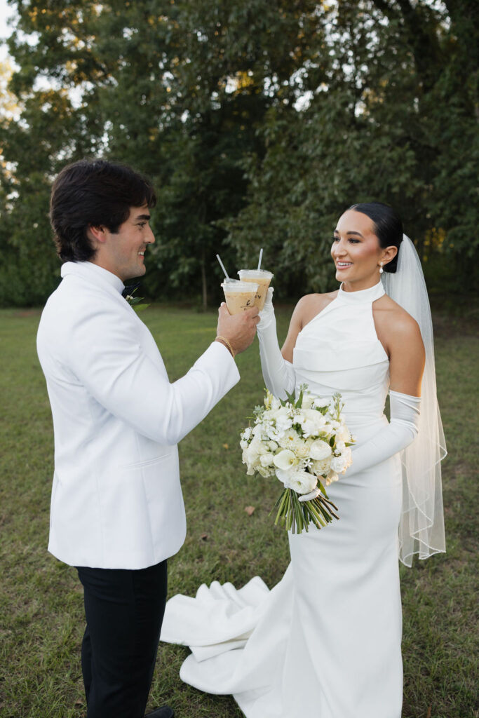 bride and groom enjoying coffees 