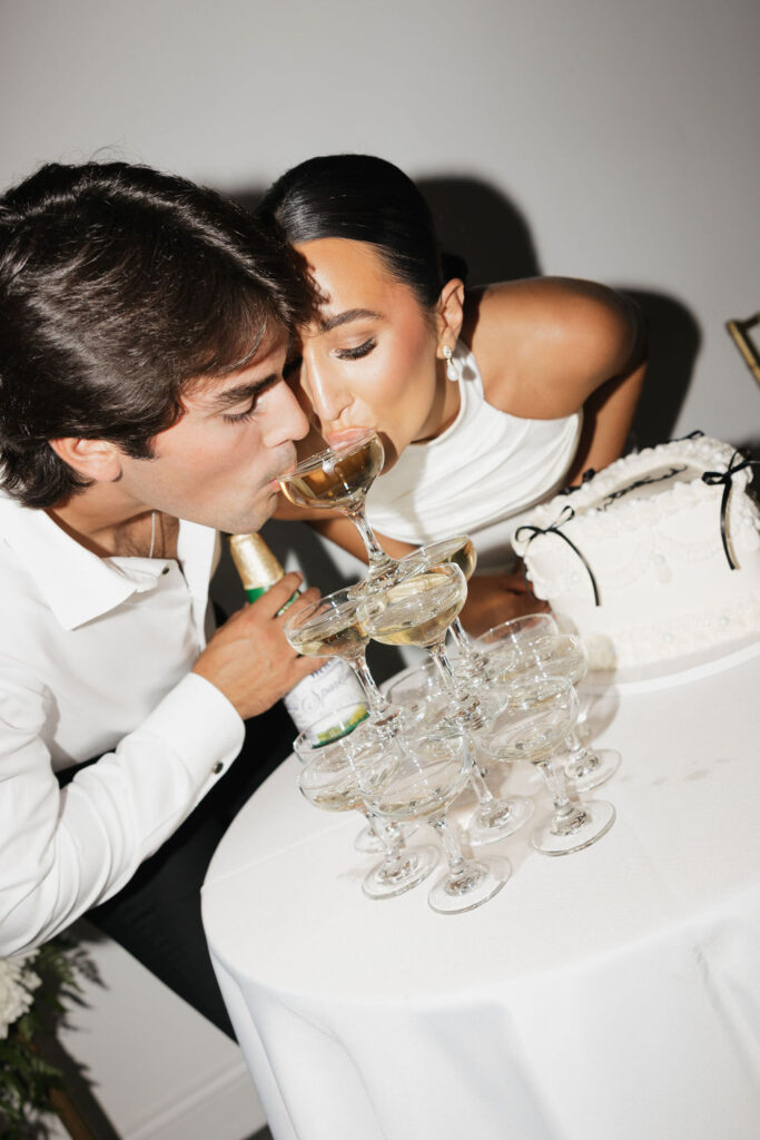 champagne tower during a wedding reception