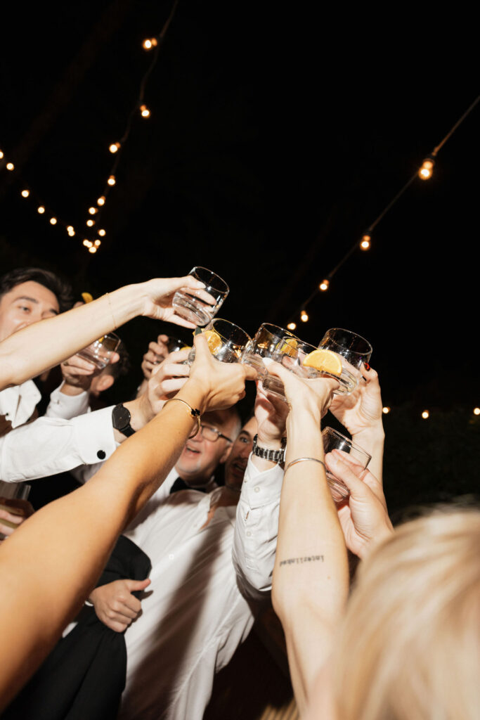 Group toast at night under string lights - Guests raise their glasses in a celebratory toast under warm string lights, capturing a joyful evening atmosphere.