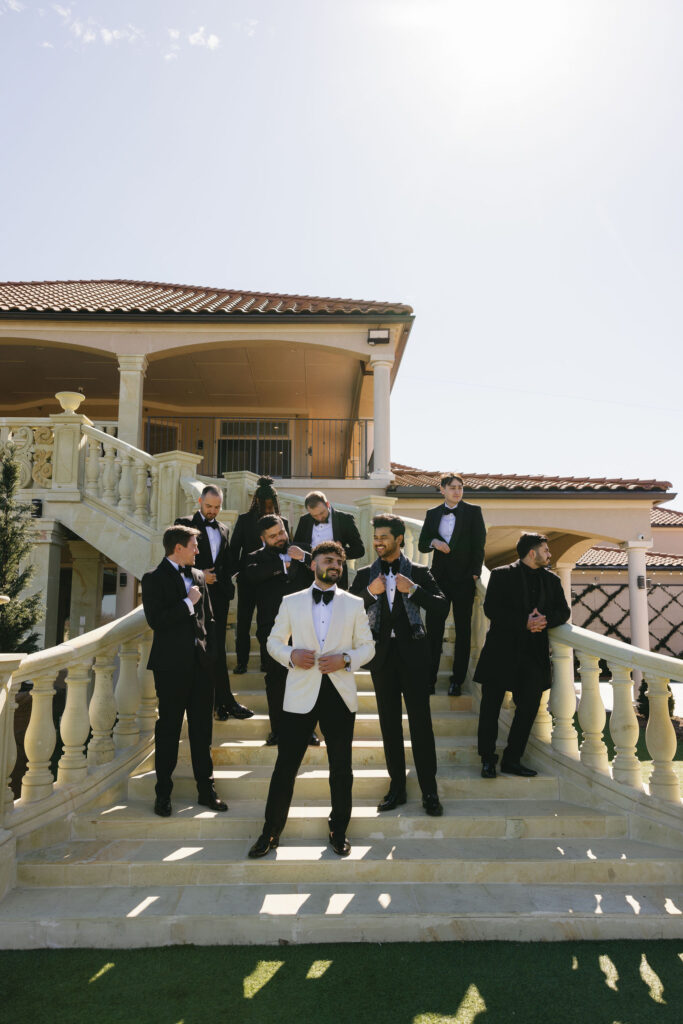 a groom with his grooms men on the stairs at D'Vine Grace Vineyard