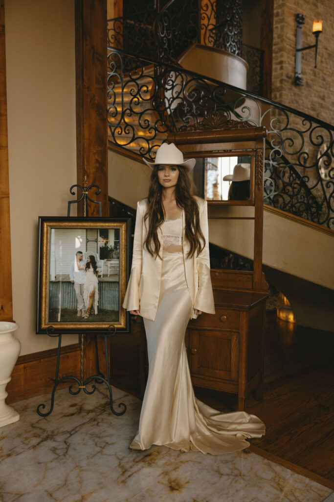 Bride wearing a bridal western look to her rehearsal dinner