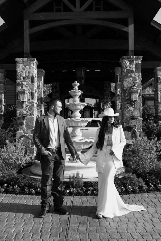 Bride wearing a bridal western look to her rehearsal dinner