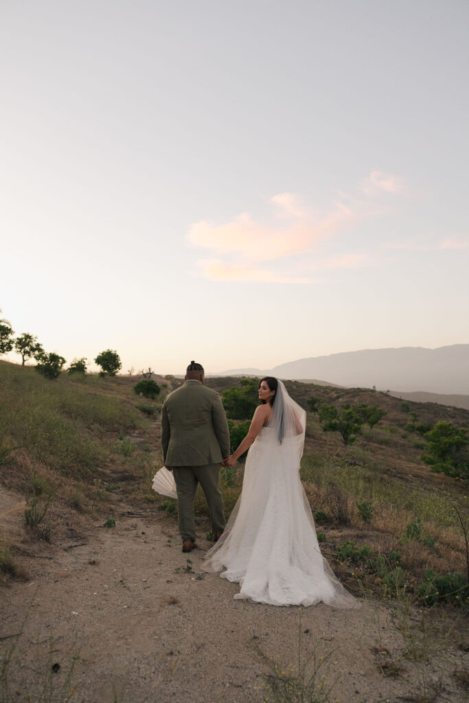 bride and groom walking in california hills
