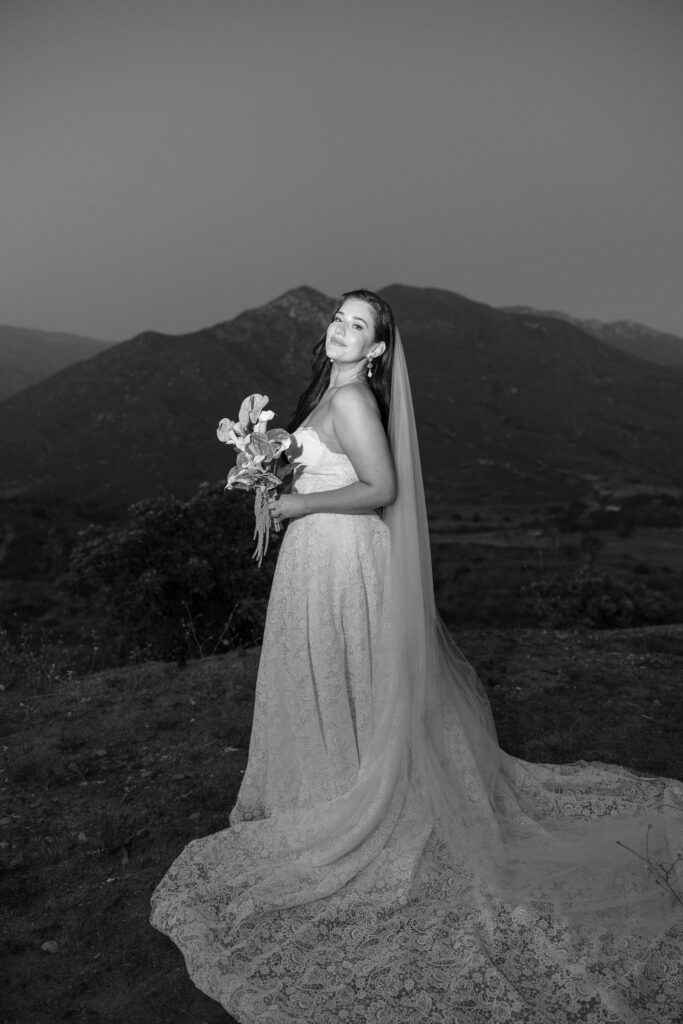 black and white photo of bride in California