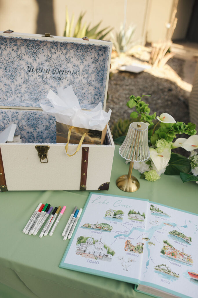wedding details with a chest and map