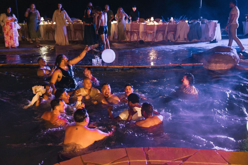 wedding guests in pool in california