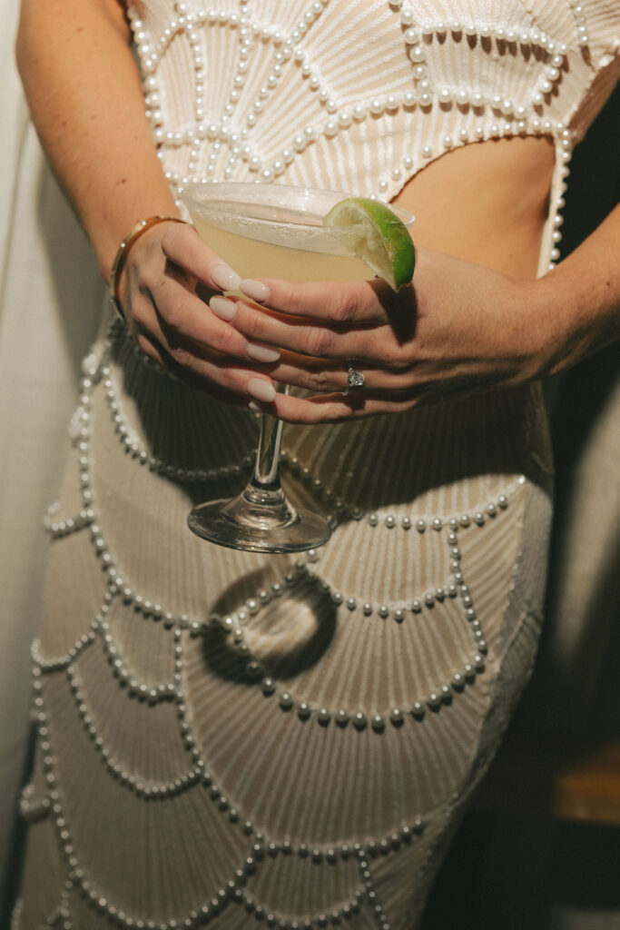 beaded bridal dress with martini glass