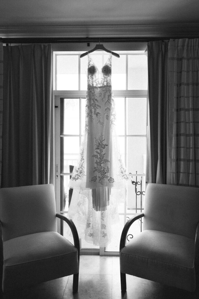 bridal dress hanging for Turks and Caicos Wedding