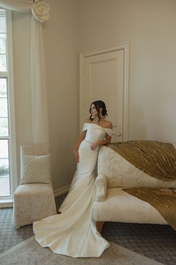 bridal portrait by couch