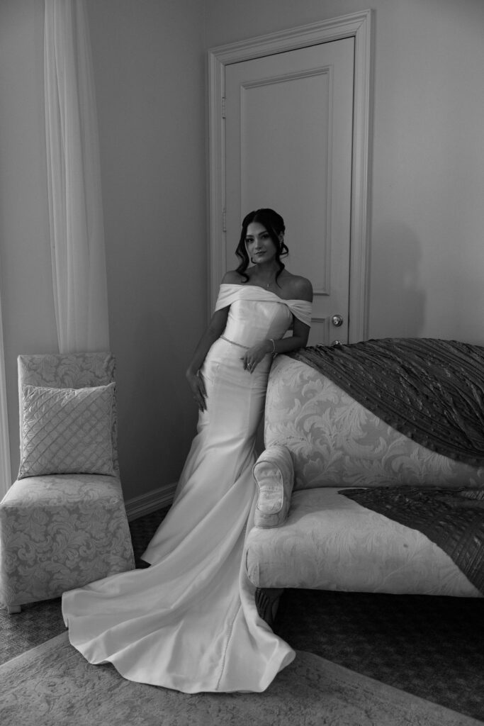 black and white image of bride in bridal gown