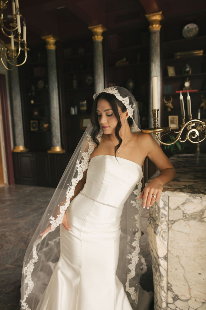bride in elegant room in dress and veil