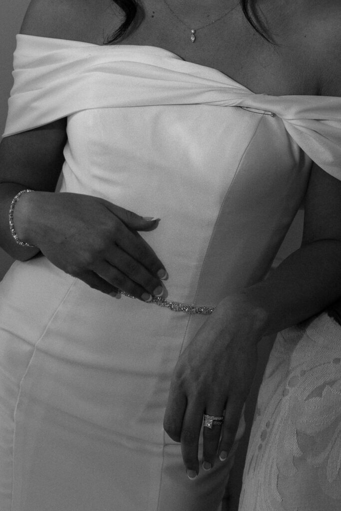 black and white detail photo of bride