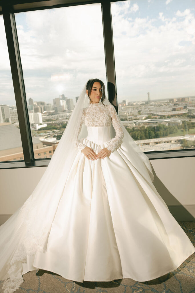 beautiful bride with skyline view of Dallas
