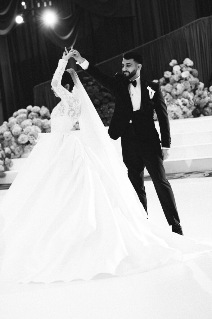 bride and groom dancing on wedding day