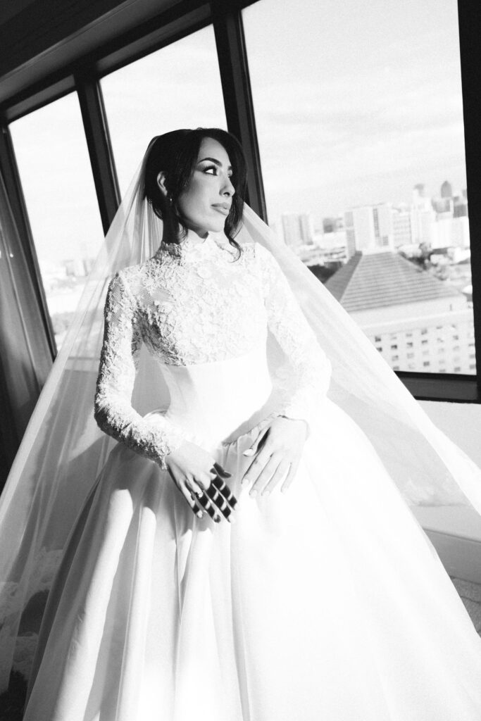 black and white bridal portrait at the Hilton 