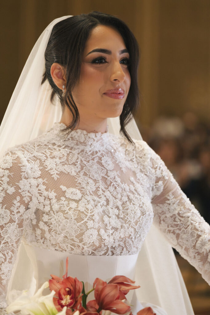 beautiful bride in lace wedding dress